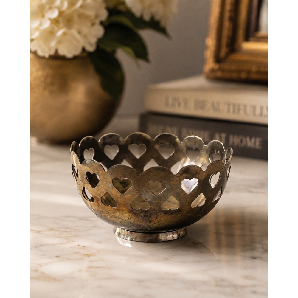 Vintage Silverplate Heart Cutout Pedestal Bowl | Romantic Cottage Decor